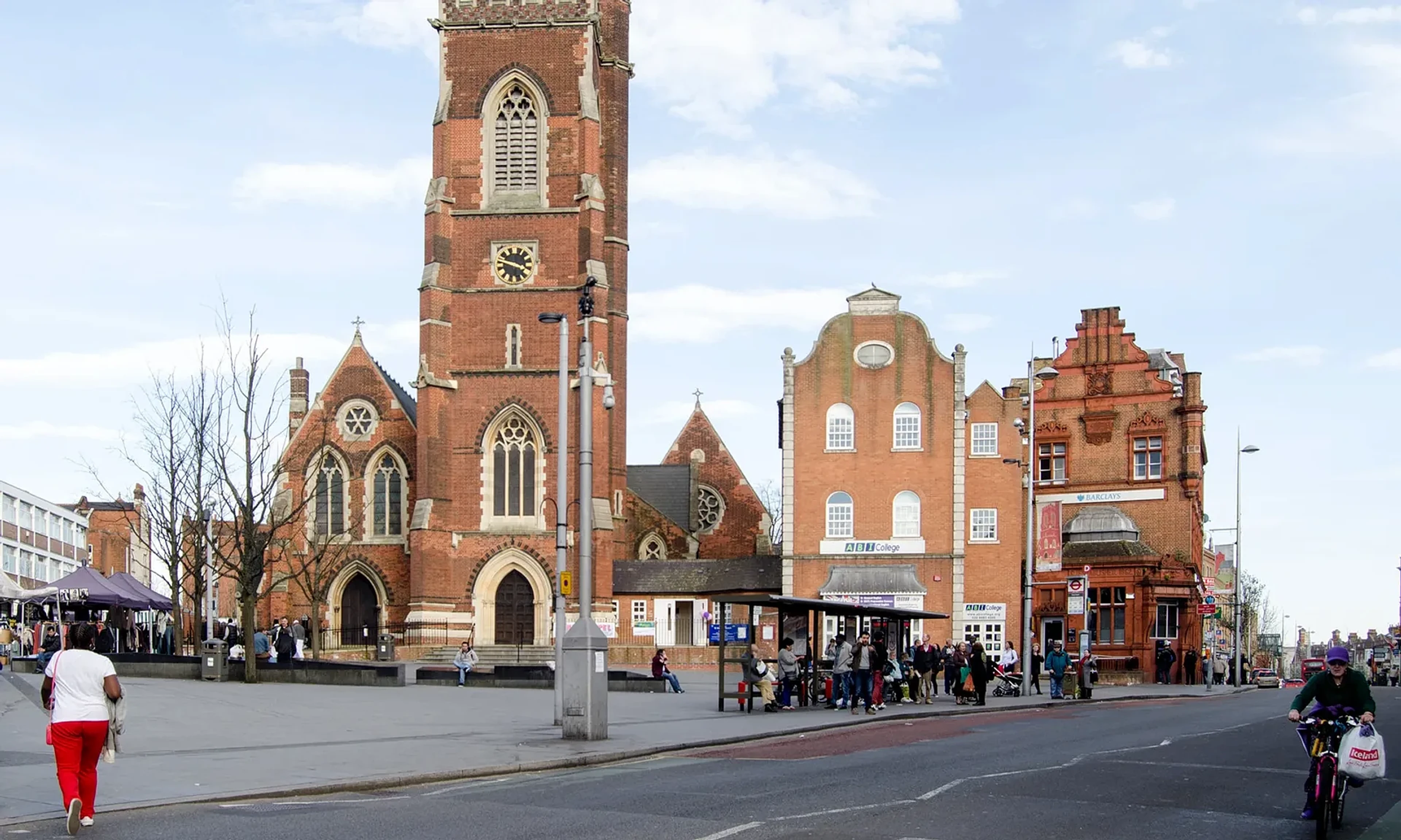 Acton town centre and its red-brick church tower