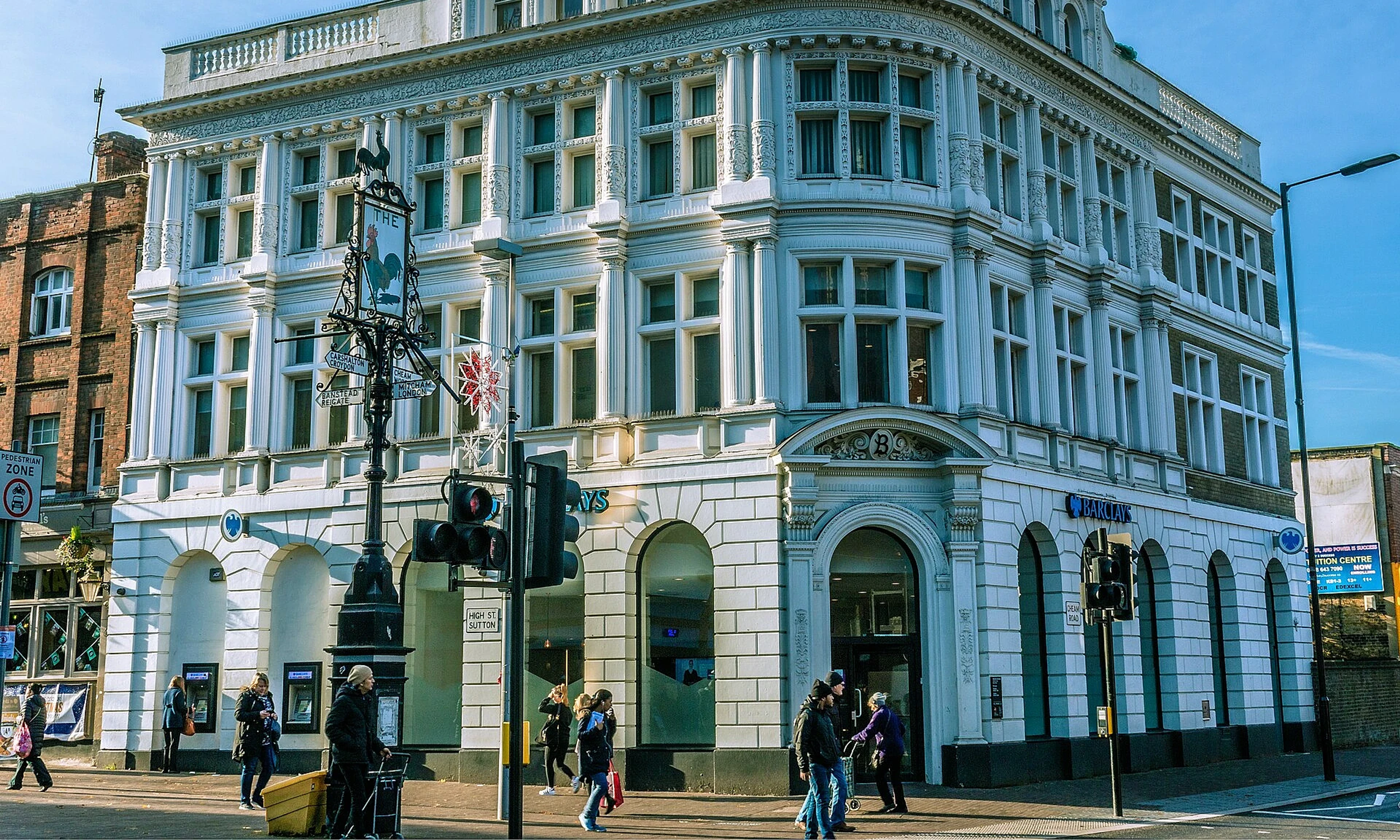 Historic bank building and crossroads in Sutton town centre